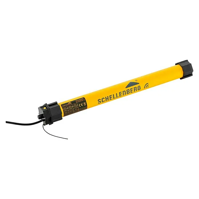 Schellenberg Funk-Rohrmotor Premium 10 Maxi - Max. Rollladenfläche: 4,2 m² bei Kunststoffrollläden, Einbaulänge: 555 mm, Zugkraft: 20 kg - Nahaufnahme eines gelben Schellenberg Rollladenmotors, der für Rollläden verwendet wird und eine einfache Bedienung ermöglicht.