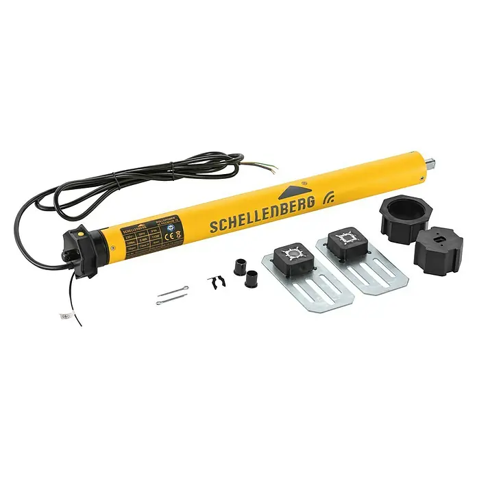 Schellenberg Funk-Rohrmotor Premium 10 Maxi - Max. Rollladenfläche: 4,2 m² bei Kunststoffrollläden, Einbaulänge: 555 mm, Zugkraft: 20 kg - Das Bild zeigt einen gelben Schellenberg Rolladenmotor mit Zubehör, darunter Halterungen und Adapter für eine einfache Montage.