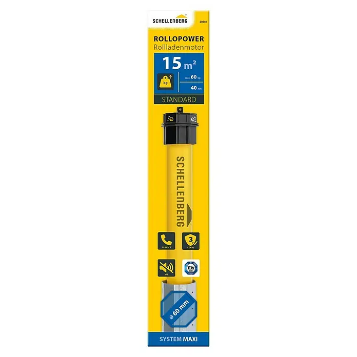 Schellenberg Rohrmotor Maxi Standard - Max. Rollladenfläche: 15 m² bei Kunststoffrollläden, Einbaulänge: 570 mm, Zugkraft: 60 kg - Abbildung einer Schellenberg RolloPower Rollladenmotor-Verpackung, die das Produkt und seine Eigenschaften hervorhebt.