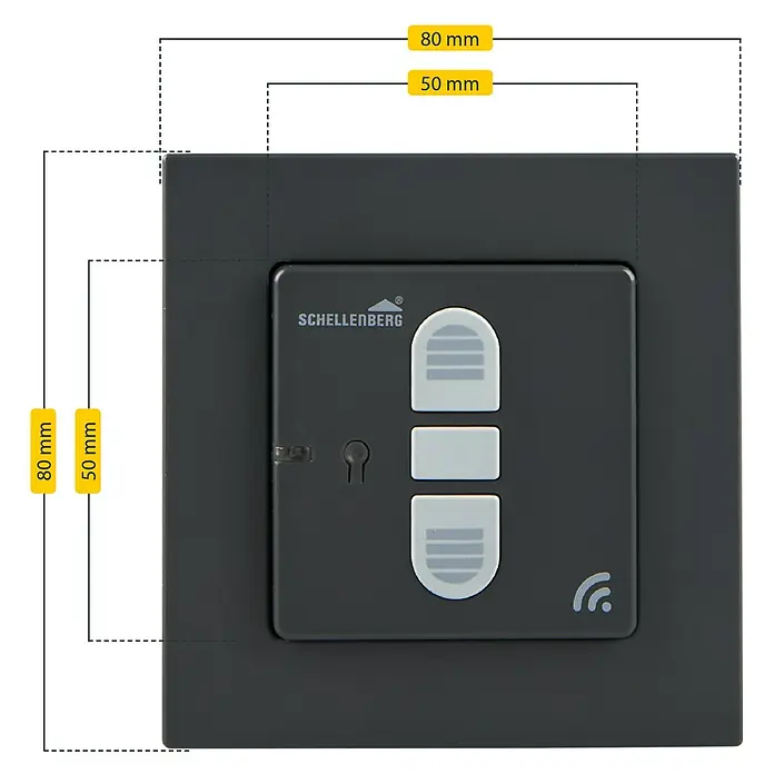 Schellenberg Smart Home Funk-Empfangsschalter - 40 x 80 x 80 mm, Anthrazit, Unterputzmontage - Abbildung eines Schellenberg Funk-Wandsenders mit Abmessungen.