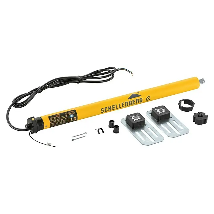 Schellenberg Funk-Rohrmotor Premium 6 Mini - Max. Rollladenfläche: 4 m² bei Kunststoffrollläden, Einbaulänge: 570 mm, Zugkraft: 15 kg - Schellenberg Rohrmotor RolloPower 35 Premium 6 mit Zubehör. Der Motor ist gelb und hat eine schwarze Stromkabel.