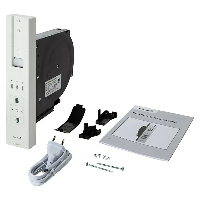 Schellenberg Rollladen-Gurtwickler Rollo Drive 105 Standard - Zugkraft: 60 kg, Gurtbreite: 23 mm, Unterputz - Das Bild zeigt einen Schellenberg RolloDrive 105 Standard Gurtwickler mit Zubehör, inklusive Kabel, Montagematerial und Bedienungsanleitung.