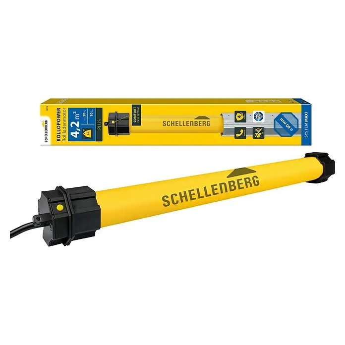 Schellenberg Rohrmotor Maxi Plus 10 - Max. Rollladenfläche: 4,2 m² bei Kunststoffrollläden, Einbaulänge: 555 mm, Zugkraft: 20 kg - Produktbild des Schellenberg RolloPower Rolladenmotors, ideal für die Automatisierung von Rollläden mit bis zu 4,2 m² Fläche.