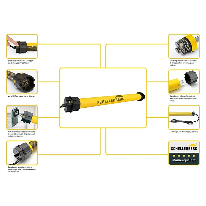 Schellenberg Rohrmotor Maxi Plus 20 - Max. Rollladenfläche: 8,5 m² bei Kunststoffrollläden, Einbaulänge: 555 mm, Zugkraft: 34 kg - Das Bild zeigt einen gelben Schellenberg Rollladenmotor mit verschiedenen Details und Merkmalen hervorgehoben.