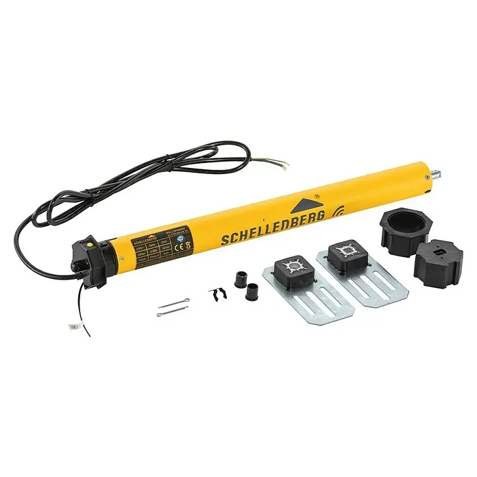 Schellenberg Funk-Rohrmotor Premium 20 Maxi - Max. Rollladenfläche: 8,5 m² bei Kunststoffrollläden, Einbaulänge: 555 mm, Zugkraft: 34 kg - Abbildung eines Schellenberg RollPOWER 65 Premium 25 Rohrmotors mit Zubehör.