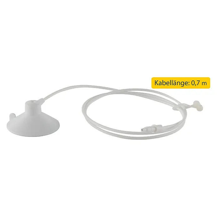 Schellenberg Sonnen- & Dämmerungssensor - Passend für: RolloDrive 55, 65, 75 und 105, Kabellänge: 0,75 m - Das Bild zeigt einen Saugnapf mit einem 0,7 m langen Kabel, der für Aquarien oder ähnliche Zwecke verwendet werden kann.