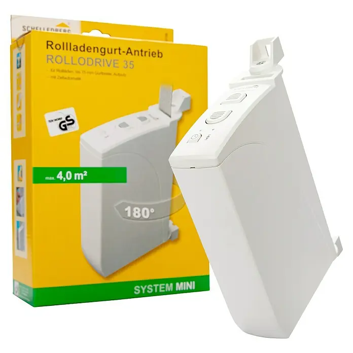 Schellenberg Rollladen-Gurtwickler Rollo Drive 35 - B x H: 38,5 x 199 mm, Gurtbreite: 14 mm, Zugkraft: 12 kg - Das Bild zeigt einen Rollladenantrieb Rollodrive 35 von Schellenberg, sowohl in der Verpackung als auch freistehend.