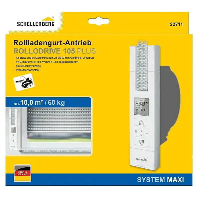 Schellenberg Rollladen-Gurtwickler Rollo Drive 105 Plus - Zugkraft: 60 kg, Gurtbreite: 23 mm, Unterputz - Abbildung des Schellenberg RolloDrive 105 Plus Gurtwickler-Antriebs, geeignet für Rollläden bis max. 10,0 m² / 60 kg.
