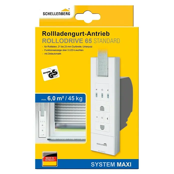 Schellenberg Rollladen-Gurtwickler Rollo Drive 65 Standard - Zugkraft: 45 kg, Gurtbreite: 23 mm, Unterputz - Bild einer Schellenberg RolloDrive 65 Standard Rollladensteuerung, einer automatischen Gurtwicklerlösung für Rollläden.