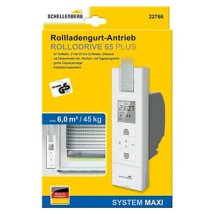 Schellenberg Rollladen-Gurtwickler Rollo Drive 65 Plus - Zugkraft: 45 kg, Gurtbreite: 23 mm, Unterputz - Produktverpackung für Schellenberg Rollladengurt-Antrieb RolloDrive 65 Plus mit Produktdetails und Zertifizierungen.
