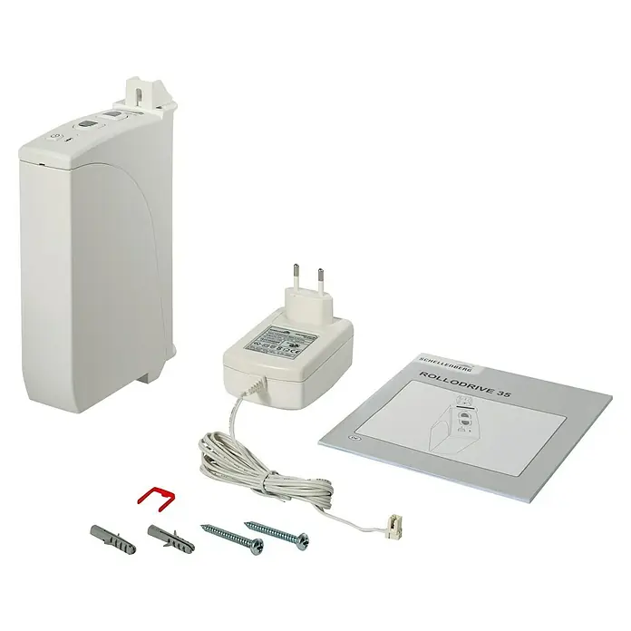 Schellenberg Rollladen-Gurtwickler Rollo Drive 35 - B x H: 38,5 x 199 mm, Gurtbreite: 14 mm, Zugkraft: 12 kg - Produktbild des Schellenberg RolloDrive 35, einem elektronischen Gurtwickler inklusive Zubehör und Bedienungsanleitung.