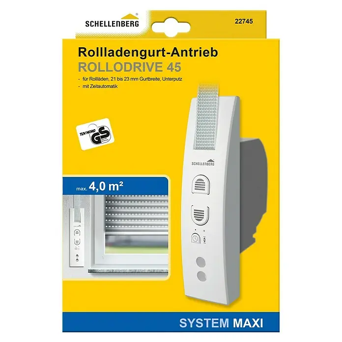 Schellenberg Rollladen-Gurtwickler Rollo Drive 45 - Unterputz, Gurtbreite: 23 mm, Lochabstand: 135 mm - 165 mm - Produktverpackung Rollladenantrieb Schellenberg Rollodrive 45, geeignet für Rollläden bis 4,0 m².