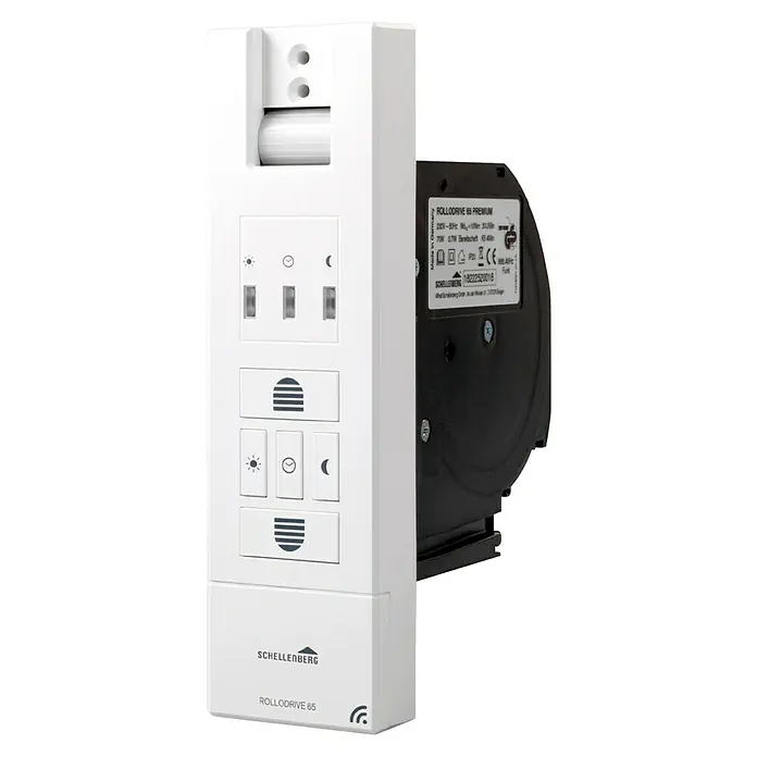 Schellenberg Funk-Rollladen-Gurtwickler Rollo Drive 65 Premium - Zugkraft: 45 kg, Gurtbreite: 23 mm, Unterputz - Nahaufnahme des Schellenberg RolloDrive 65 Premium, einer elektronischen Gurtwickler-Lösung zur Automatisierung von Rollläden im Haus.