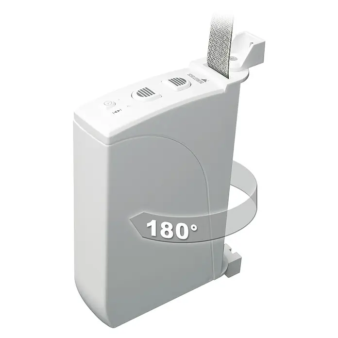 Schellenberg Rollladen-Gurtwickler Rollo Drive 35 - B x H: 38,5 x 199 mm, Gurtbreite: 14 mm, Zugkraft: 12 kg - Nahaufnahme eines Schellenberg Rolladenantriebs mit einer 180°-Drehfunktion für eine flexible Ausrichtung.