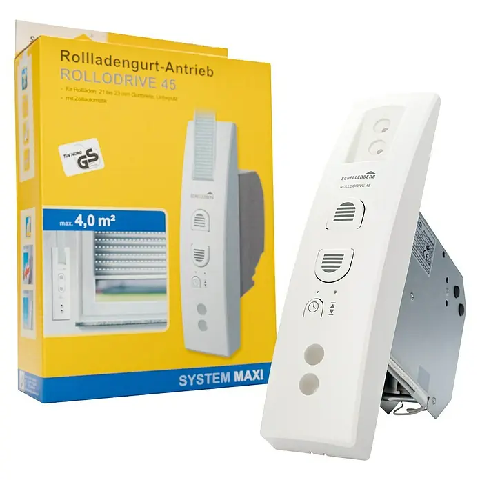 Schellenberg Rollladen-Gurtwickler Rollo Drive 45 - Unterputz, Gurtbreite: 23 mm, Lochabstand: 135 mm - 165 mm - Rollladenantrieb RolloDrive 45 von Schellenberg in der Verpackung und freistehend. Ideal zum automatischen Öffnen und Schließen von Rollläden.