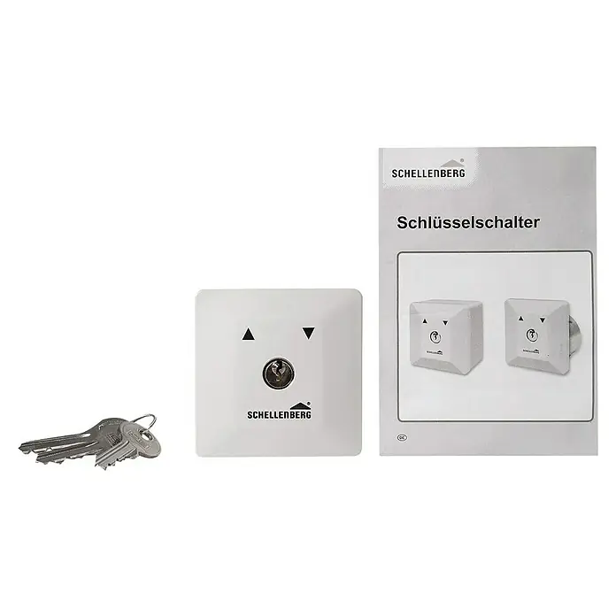 Schellenberg Schlüsselschalter - Passend für: Schellenberg Garagen- und Außentorantriebe, Unterputzmontage - Das Schellenberg Schlüsselschalter-Set mit zugehörigen Schlüsseln und Bedienungsanleitung. Für Garagentore und Rollläden.