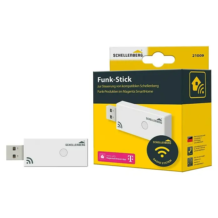 Schellenberg Smart Home Funksender Funk-Stick - Weiß, Reichweite ca.: 20 m - 100 m - Abbildung eines Schellenberg Funk-Sticks mit Verpackung. Der Funk-Stick dient zur Steuerung von Schellenberg Funk-Produkten.