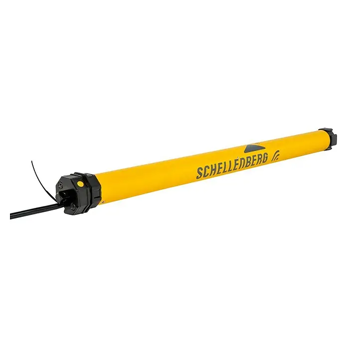 Schellenberg Funk-Rohrmotor Premium 10 Mini - Max. Rollladenfläche: 6 m² bei Kunststoffrollläden, Einbaulänge: 570 mm, Zugkraft: 25 kg - Schellenberg Rohrmotor RolloTube Basis Duo. Der Motor ist gelb und hat ein schwarzes Kabel. Er wird für Rolläden verwendet.