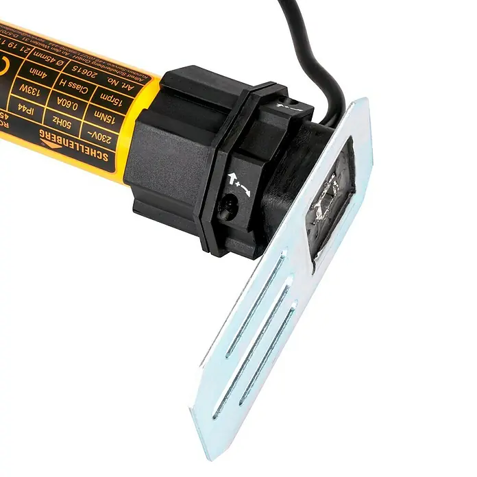Schellenberg Rohrmotor Maxi Standard - Max. Rollladenfläche: 15 m² bei Kunststoffrollläden, Einbaulänge: 570 mm, Zugkraft: 60 kg - Nahaufnahme eines Schellenberg Rolladenantriebs, Modell 20615, mit technischen Details auf dem gelben Etikett.