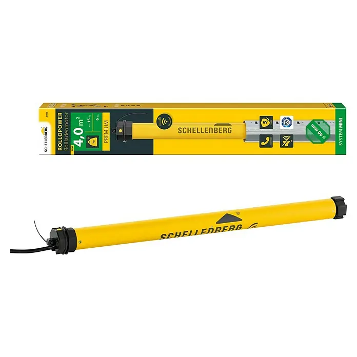 Schellenberg Funk-Rohrmotor Premium 6 Mini - Max. Rollladenfläche: 4 m² bei Kunststoffrollläden, Einbaulänge: 570 mm, Zugkraft: 15 kg - Das Bild zeigt eine Schellenberg RolloPower Rolladenmotor-Verpackung und den Motor selbst, beide in Gelb, mit technischen Details auf der Verpackung.