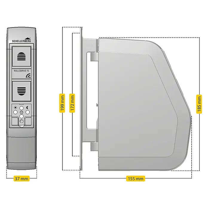 Schellenberg Funk-Rollladen-Gurtwickler Rollo Drive 75 Premium - L x B x H: 155 x 37 x 199 mm, Gurtbreite: 14 mm - 15 mm, Zugkraft: 30 kg, Unterstützte Systeme: Schellenberg Smart Home System - Maßangaben des Schellenberg RolloDrive 75. Die Abmessungen des Rolladenantriebs werden detailliert dargestellt.