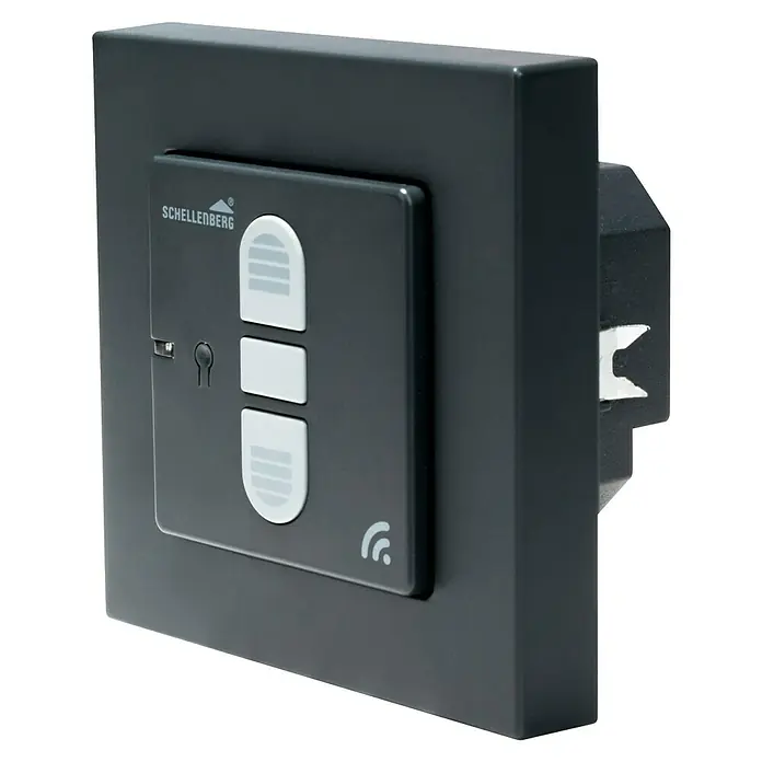 Schellenberg Smart Home Funk-Empfangsschalter - 40 x 80 x 80 mm, Anthrazit, Unterputzmontage - Nahaufnahme eines Schellenberg-Rolladensteuerungssystems für die Hausautomation.