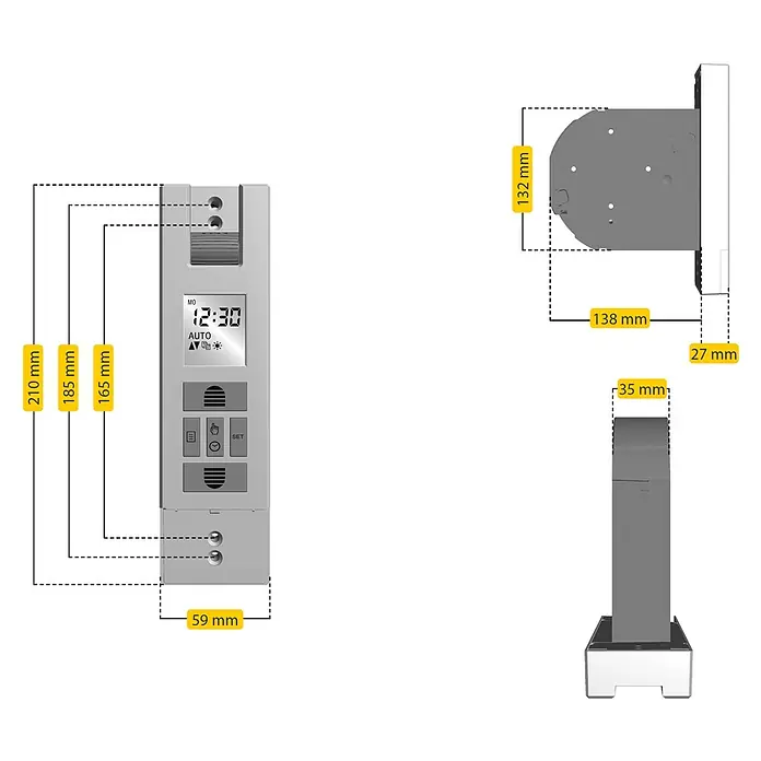 Schellenberg Rollladen-Gurtwickler Rollo Drive 65 Plus - Zugkraft: 45 kg, Gurtbreite: 23 mm, Unterputz - Eine detaillierte Ansicht mit Maßen einer elektronischen Zeitschaltuhr für Rollläden, die ihre Abmessungen und Einbaumaße zeigt.