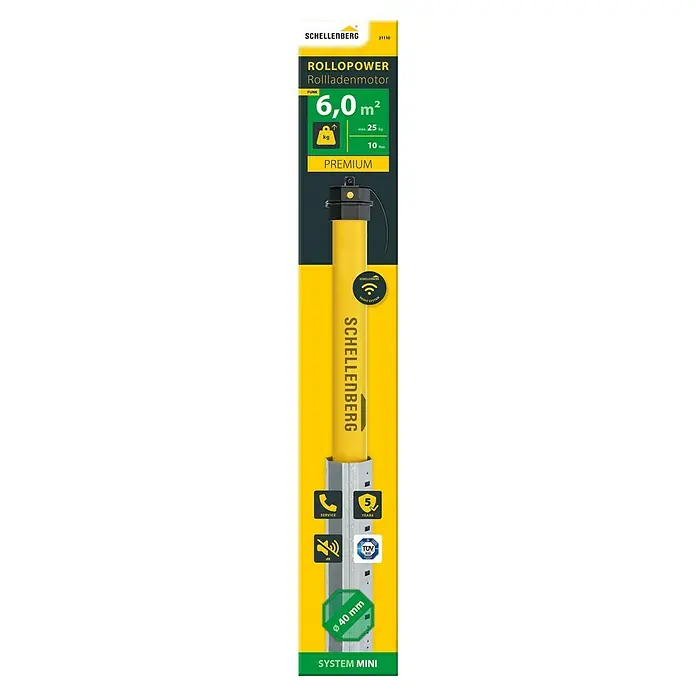 Schellenberg Funk-Rohrmotor Premium 10 Mini - Max. Rollladenfläche: 6 m² bei Kunststoffrollläden, Einbaulänge: 570 mm, Zugkraft: 25 kg - Abbildung eines Schellenberg RolloPower Rollladenmotors. Er hat eine Fläche von 6,0 m² und eine maximale Last von 25 kg.
