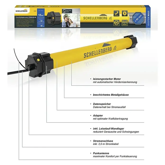 Schellenberg Funk-Rohrmotor Premium 40 Maxi - Max. Rollladenfläche: 15 m² bei Kunststoffrollläden, Einbaulänge: 620 mm, Zugkraft: 60 kg - Produktbild des Schellenberg Funk-Rollladenmotor PREMIUM 40, ideal für Rollläden bis 15 m², mit Hinderniserkennung und robustem Metallgehäuse.