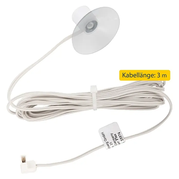 Schellenberg Sonnensensor Plus - Passend für: Schellenberg Zeitschaltuhr Plus, Kabellänge: 3 m - Bild eines Glas Thermometer mit Saugnapfbefestigung und einem 3 m langen Kabel.