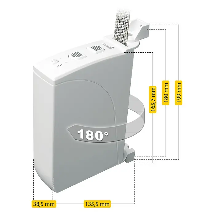 Schellenberg Rollladen-Gurtwickler Rollo Drive 35 - B x H: 38,5 x 199 mm, Gurtbreite: 14 mm, Zugkraft: 12 kg - Produktbild eines Schellenberger RolloTron Gurtwicklers mit Maßangaben. Der Rolladenantrieb ist in Weiss gehalten und bietet eine automatische Steuerung.
