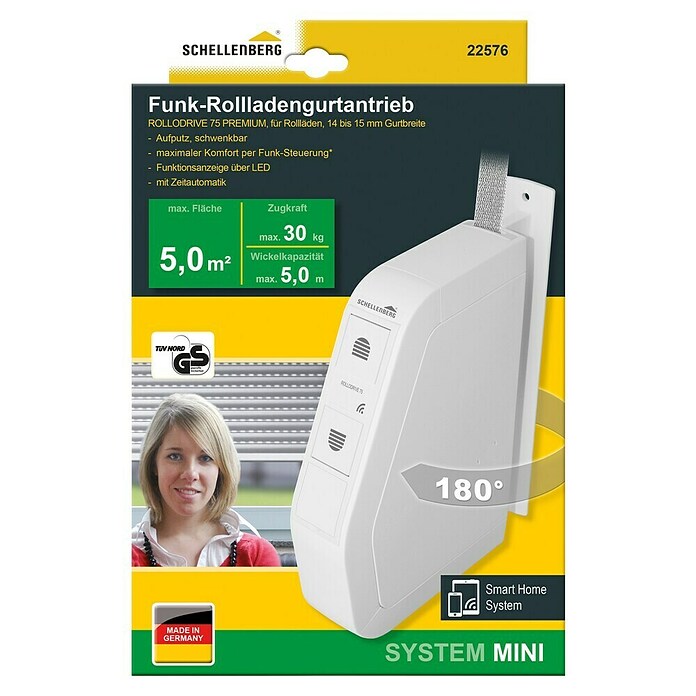 Schellenberg Funk-Rollladen-Gurtwickler Rollo Drive 75 Premium (L x B x H: 155 x 37 x 199 mm, Gurtbreite: 14 - 15 mm, Zugkraft: 30 kg, Unterstützte Systeme: Abus Smart Friends System)