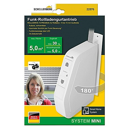 Schellenberg Funk-Rollladen-Gurtwickler Rollo Drive 75 Premium (L x B x H: 155 x 37 x 199 mm, Gurtbreite: 14 mm - 15 mm, Zugkraft: 30 kg, Unterstützte Systeme: Schellenberg Smart Home System)