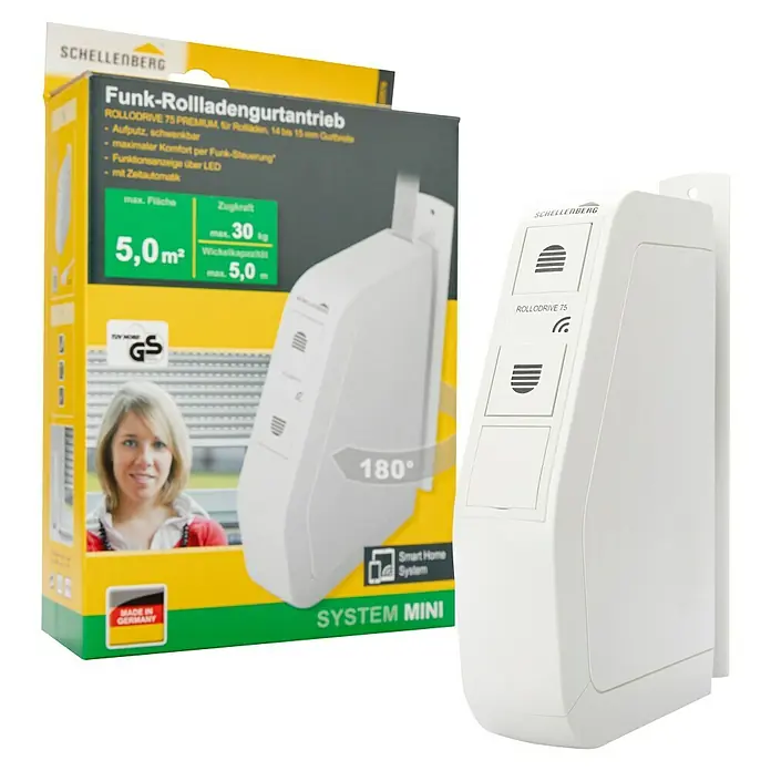 Schellenberg Funk-Rollladen-Gurtwickler Rollo Drive 75 Premium - L x B x H: 155 x 37 x 199 mm, Gurtbreite: 14 mm - 15 mm, Zugkraft: 30 kg, Unterstützte Systeme: Schellenberg Smart Home System - Das Bild zeigt eine Schellenberg RolloDrive 75 Premium Funk-Rollladenantrieb Verpackung und ein montiertes Gerät.