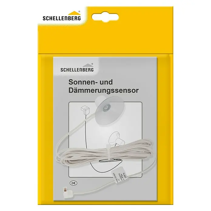 Schellenberg Sonnensensor Plus - Passend für: Schellenberg Zeitschaltuhr Plus, Kabellänge: 3 m - Das Produkt ist ein Schellenberg Sonnen- und Dämmerungssensor, verpackt in einer gelben Plastikhülle, bereit für den Einsatz.