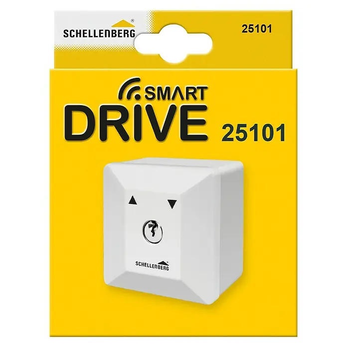 Schellenberg Schlüsselschalter - Passend für: Schellenberg Garagen- und Außentorantriebe, Aufputzmontage - Abbildung eines Schellenberg Smart Drive 25101, einem intelligenten Antriebssystem für Garagentore und Rollläden, in seiner gelben Verpackung.
