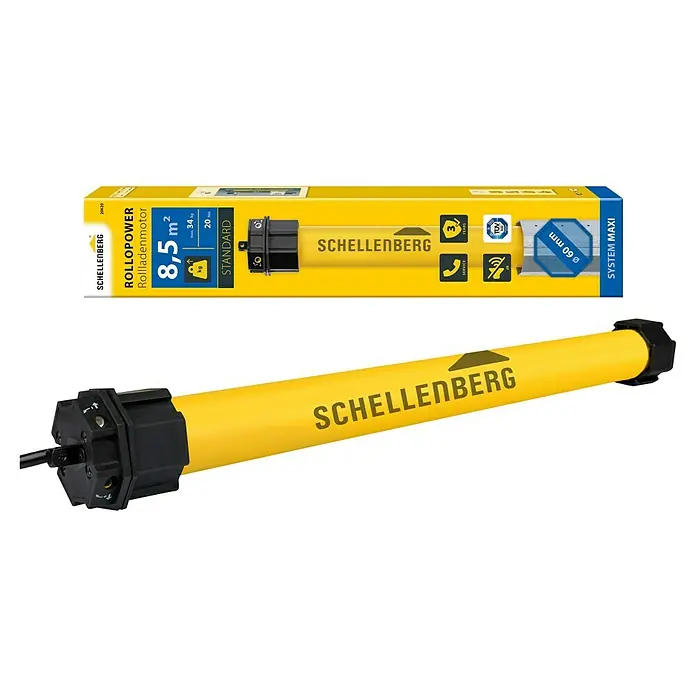 Schellenberg Rohrmotor Maxi Standard - Max. Rollladenfläche: 8,5 m² bei Kunststoffrollläden, Einbaulänge: 500 mm, Zugkraft: 34 kg - Das Bild zeigt einen Schellenberg Rollladenmotor, ein gelbes, zylinderförmiges Gerät zur Automatisierung von Rollläden, zusammen mit seiner Verpackung.