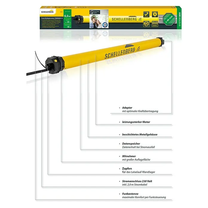 Schellenberg Funk-Rohrmotor Premium 10 Mini - Max. Rollladenfläche: 6 m² bei Kunststoffrollläden, Einbaulänge: 570 mm, Zugkraft: 25 kg - Abbildung eines Schellenberg Funk-Rollladenmotors Premium 10 mit Zubehör und den dazugehörigen Produkteigenschaften.