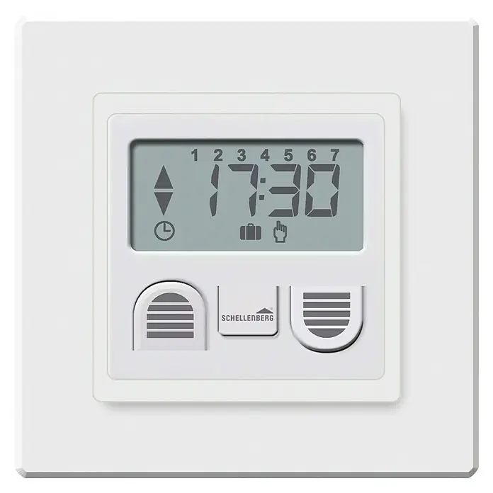 Schellenberg Zeitschaltuhr Standard - 80 x 80 x 40 mm, Weiß, Unterputz - Nahaufnahme einer Schellenberg-Zeitschaltuhr mit digitaler Anzeige und Bedientasten, ideal für die Hausautomation.