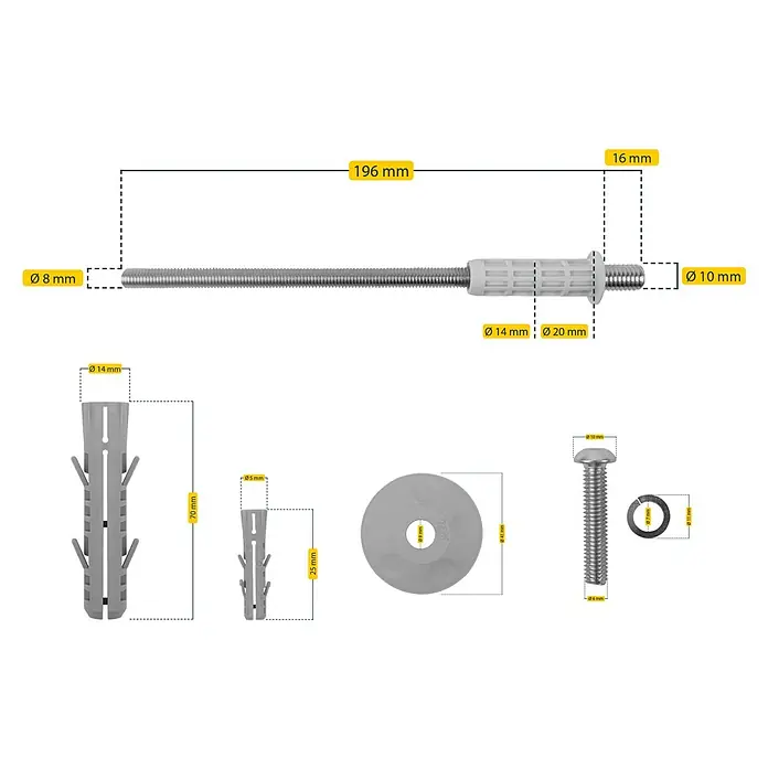 Schellenberg Abstandsmontagesystem - Passend für: Dämmstoffstärke 50 bis 120 mm - Bild einer Dübelschraube mit verschiedenen Maßen, einschließlich Durchmesser und Länge für verschiedene Teile.