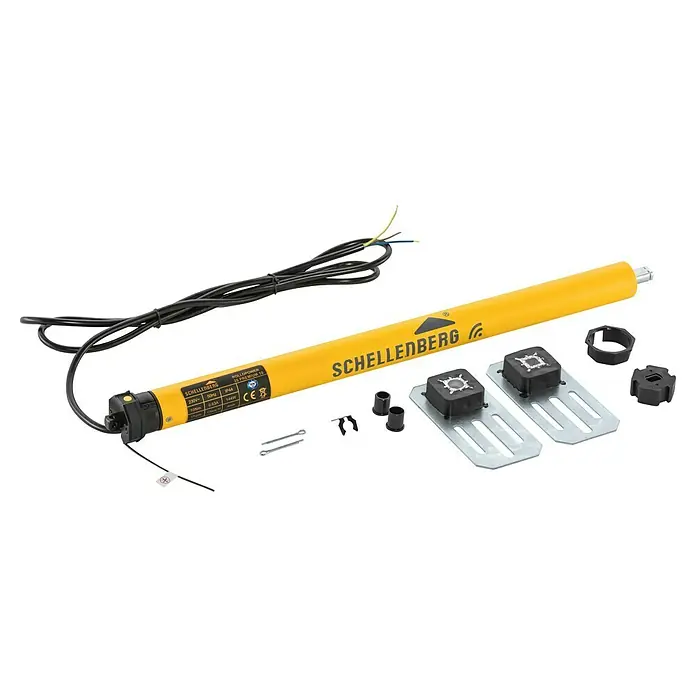 Schellenberg Funk-Rohrmotor Premium 10 Mini - Max. Rollladenfläche: 6 m² bei Kunststoffrollläden, Einbaulänge: 570 mm, Zugkraft: 25 kg - Schellenberg Rolladenmotor Premium 10 mit Zubehör. Geeignet für Rollläden bis 10 Nm, inklusive Motorlager, Adapter und Befestigungsmaterial.