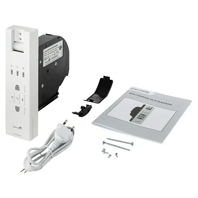 Schellenberg Rollladen-Gurtwickler Rollo Drive 65 Standard - Zugkraft: 45 kg, Gurtbreite: 23 mm, Unterputz - Abbildung des Schellenberg RolloDrive 65 Standard, einem elektronischen Gurtwickler für Rollläden, komplett mit Zubehör.