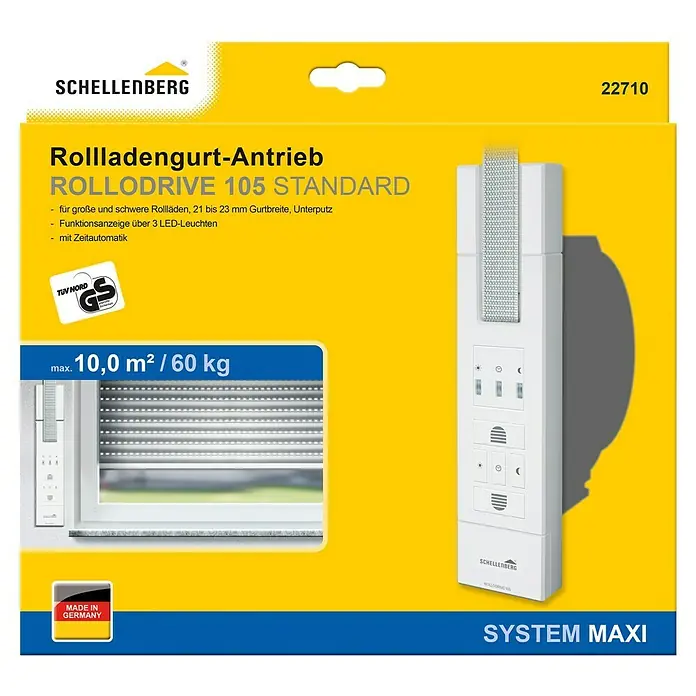 Schellenberg Rollladen-Gurtwickler Rollo Drive 105 Standard - Zugkraft: 60 kg, Gurtbreite: 23 mm, Unterputz - Produktverpackung für Schellenberg RolloDrive 105 Standard Gurtwickler mit maximal 10,0 m²/60 kg, ideal für Unterputzmontage und Zeitautomatik.