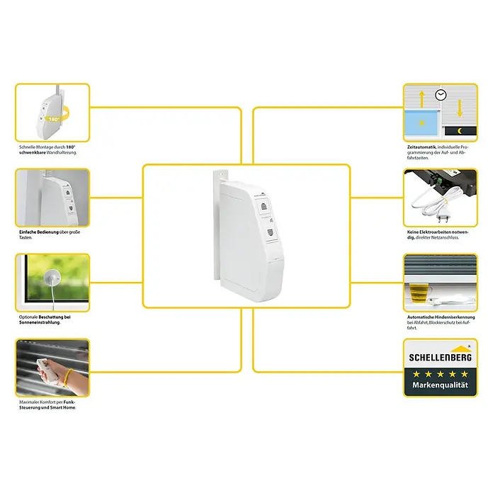 Schellenberg Funk-Rollladen-Gurtwickler Rollo Drive 75 Premium - L x B x H: 155 x 37 x 199 mm, Gurtbreite: 14 mm - 15 mm, Zugkraft: 30 kg, Unterstützte Systeme: Schellenberg Smart Home System - Intelligenter Gurtwickler mit einfacher Installation, automatischer Hinderniserkennung und flexibler Steuerung für maximalen Komfort.