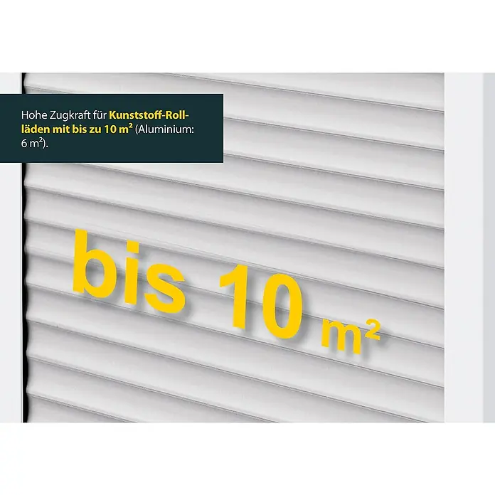 Schellenberg Rollladen-Gurtwickler Rollo Drive 105 Plus - Zugkraft: 60 kg, Gurtbreite: 23 mm, Unterputz - Bild eines Rollladens mit dem Text „Hohe Zugkraft für Kunststoff-Rollläden bis zu 10 m² (Aluminium: 6 m²)“.