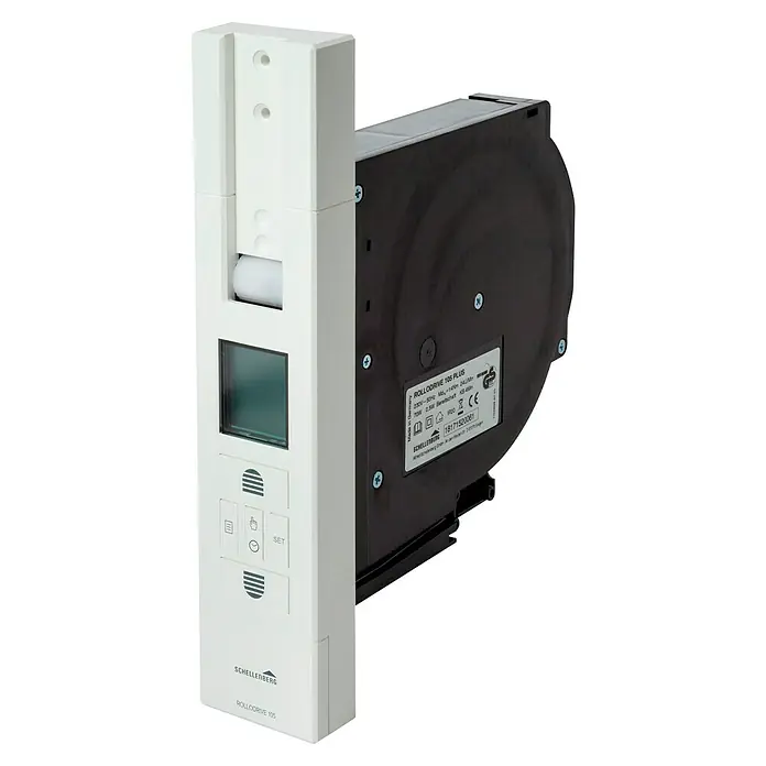 Schellenberg Rollladen-Gurtwickler Rollo Drive 105 Plus - Zugkraft: 60 kg, Gurtbreite: 23 mm, Unterputz - Nahaufnahme eines Schellenberg RolloDrive 105 Plus Rollladenantriebs mit Bedienelementen und technischem Etikett.