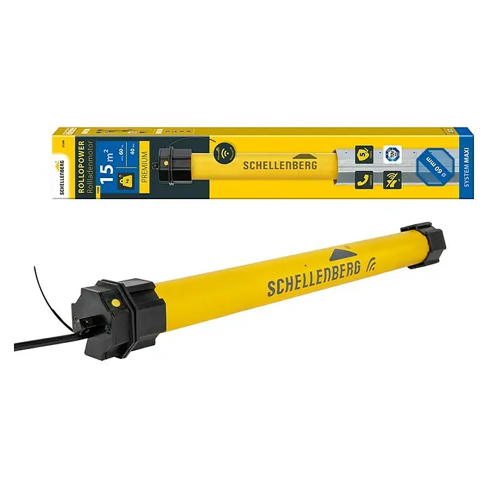 Schellenberg Funk-Rohrmotor Premium 40 Maxi - Max. Rollladenfläche: 15 m² bei Kunststoffrollläden, Einbaulänge: 620 mm, Zugkraft: 60 kg - Abbildung eines Schellenberg RolloPower Rollladenmotors der Premiumklasse, ideal für Rollläden bis 15 m², mit Funksteuerung und 5 Jahren Garantie.