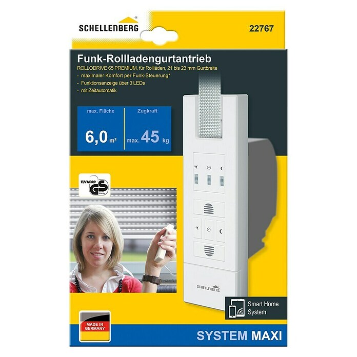 Schellenberg Recogedor de cinta de persiana inhalámbrico (Fuerza de tracción: 45 kg, Anchura de la correa: 21 - 23 mm, Empotrado)