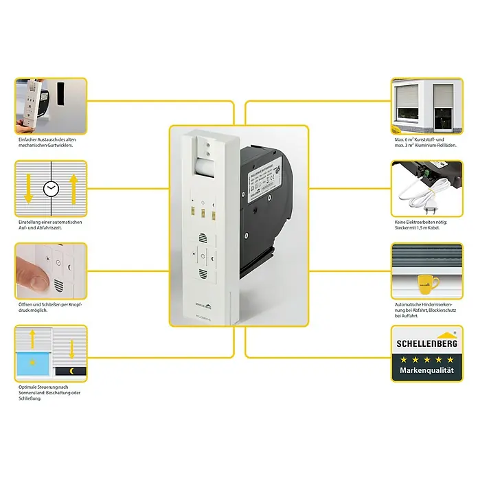 Schellenberg Rollladen-Gurtwickler Rollo Drive 65 Standard - Zugkraft: 45 kg, Gurtbreite: 23 mm, Unterputz - Produktübersicht: Schellenberg Rollodrive 65 Standard Gurtwickler mit einfacher Installation, automatischer Steuerung und Hinderniserkennung.