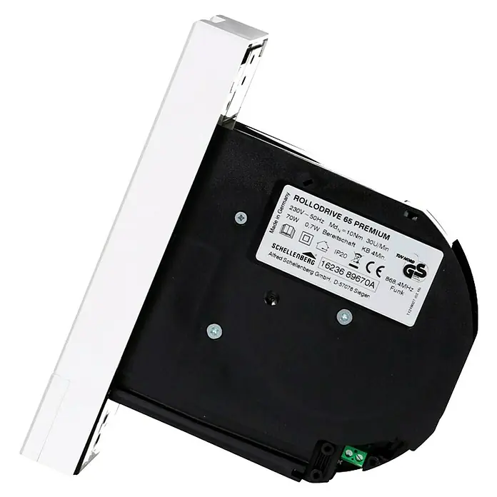 Schellenberg Funk-Rollladen-Gurtwickler Rollo Drive 65 Premium - Zugkraft: 45 kg, Gurtbreite: 23 mm, Unterputz - Nahaufnahme eines RolloDrive 65 Premium Rolladenmotors von Schellenberg, hergestellt in Deutschland, für smarte Rollladensteuerung.